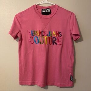 Versace Jeans Couture Pink Multicolor Embroidered Logo Tee | Size XXS